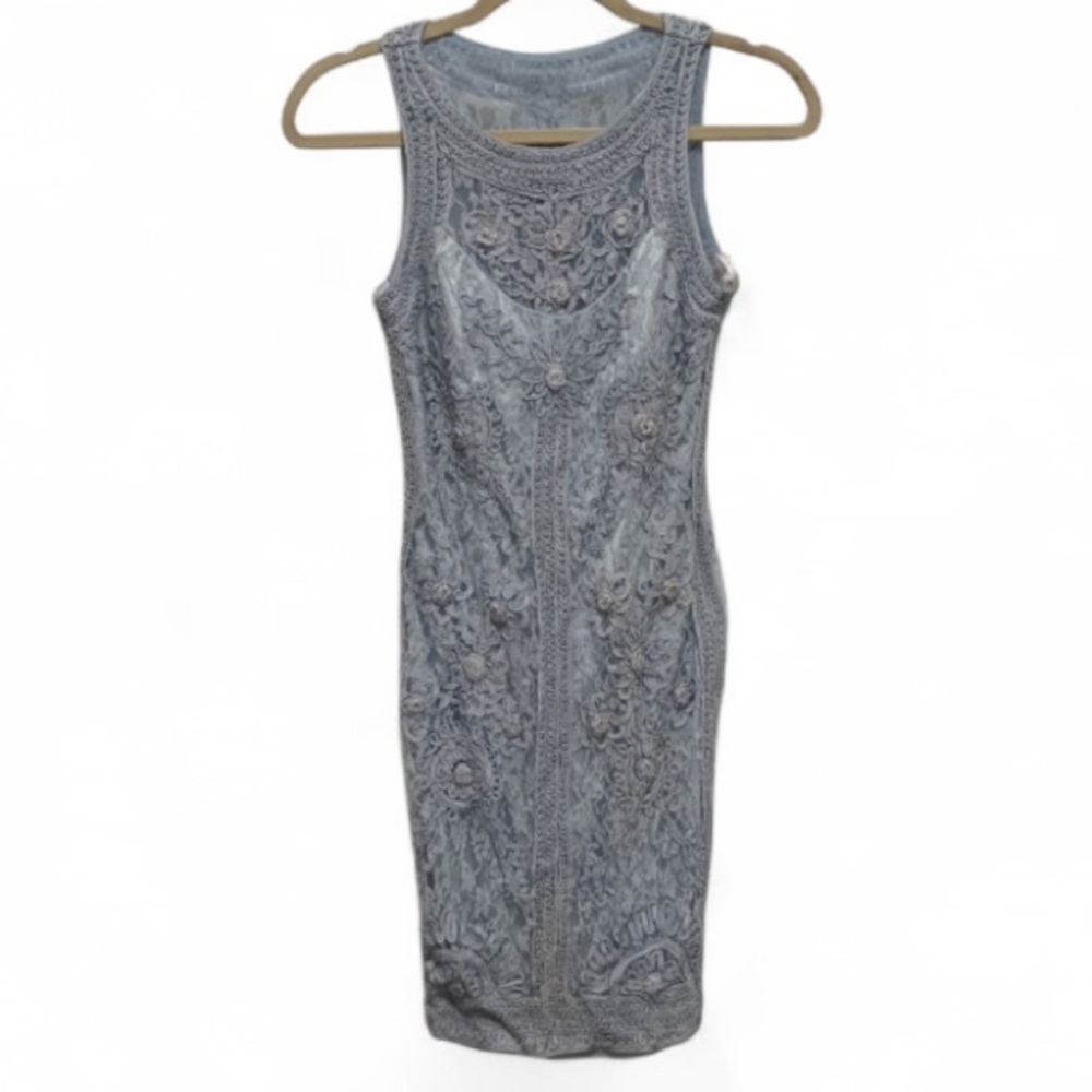Sue Wong Light Blue Crochet Sleeveless Mini Dress